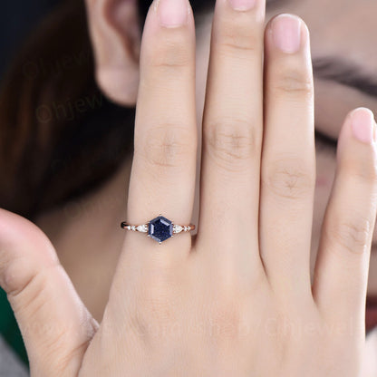Hexagon cut blue sandstone ring vintage unique blue sandstone engagement ring set 14k rose gold dainty moissanite wedding ring set for women