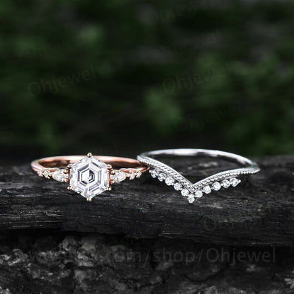 Hexagon cut moissanite ring rose gold sterling silver vintage unique moissanite engagement ring set six prong dainty bridal ring set women