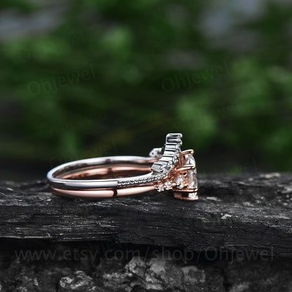 Hexagon cut moissanite ring rose gold sterling silver vintage unique moissanite engagement ring set six prong dainty bridal ring set women