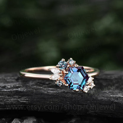 Hexagon cut Alexandrite ring for women vintage unique Alexandrite engagement ring 14k white gold cluster art deco moissanite wedding ring