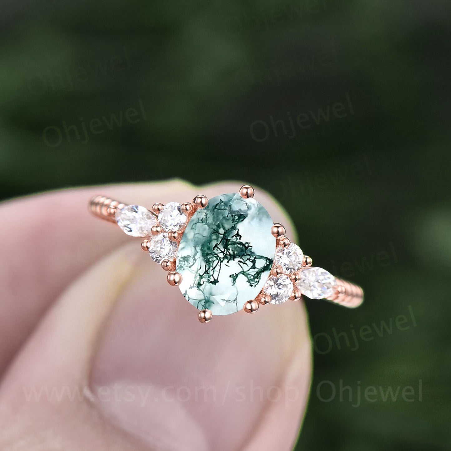 Oval cut moss agate engagement ring rose gold art deco vintage unique engagement ring Marquise cut diamond twisted wedding ring for women