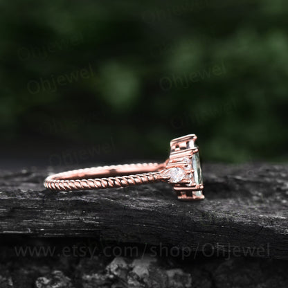 Oval cut moss agate engagement ring rose gold art deco vintage unique engagement ring Marquise cut diamond twisted wedding ring for women