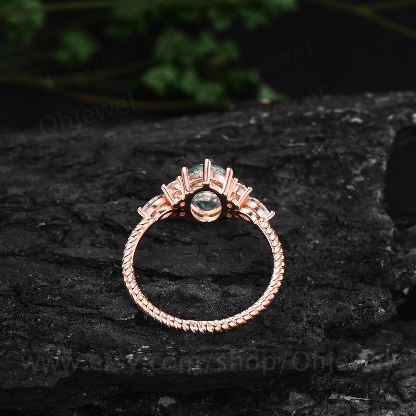 Oval cut moss agate engagement ring rose gold art deco vintage unique engagement ring Marquise cut diamond twisted wedding ring for women