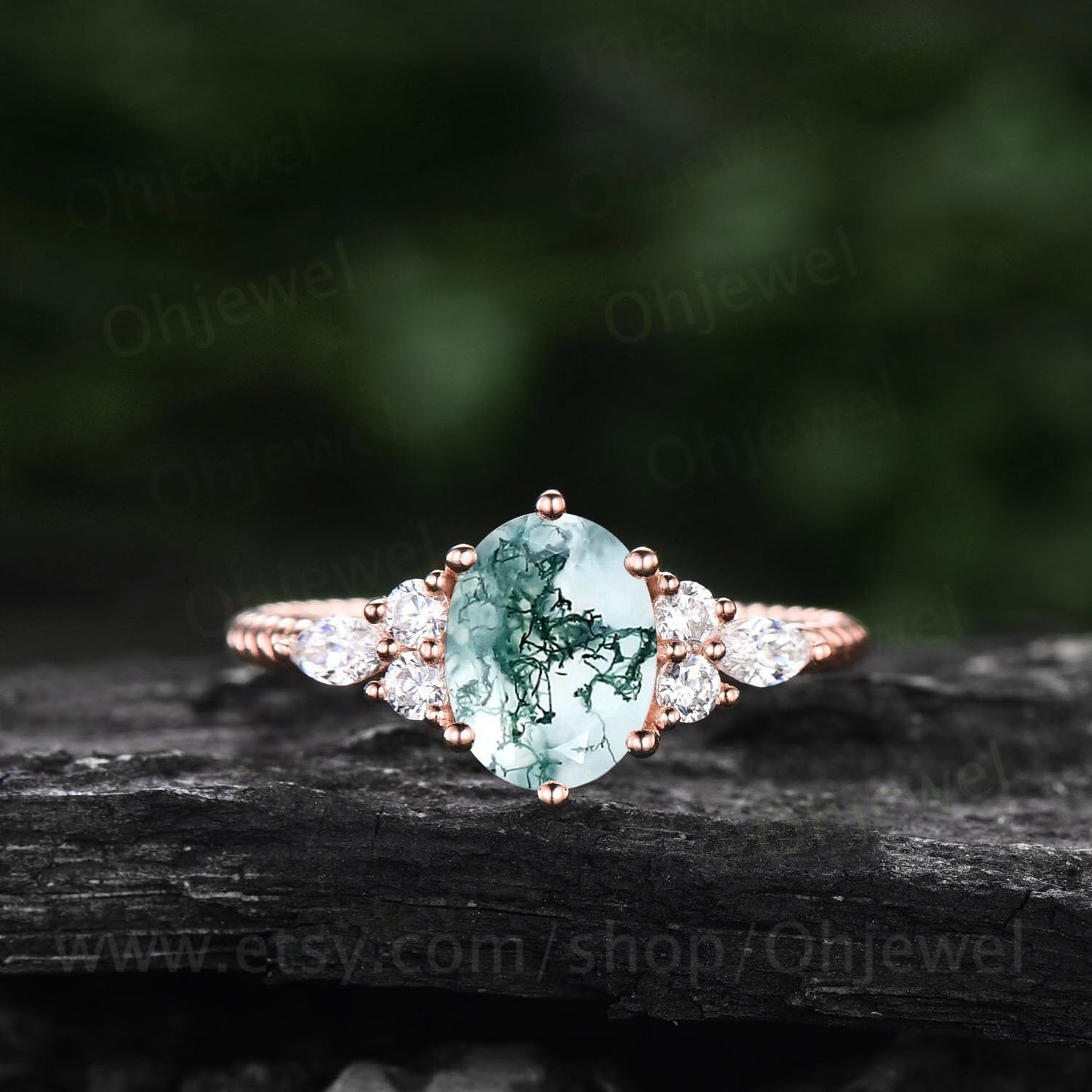 Oval cut moss agate engagement ring rose gold art deco vintage unique engagement ring Marquise cut diamond twisted wedding ring for women