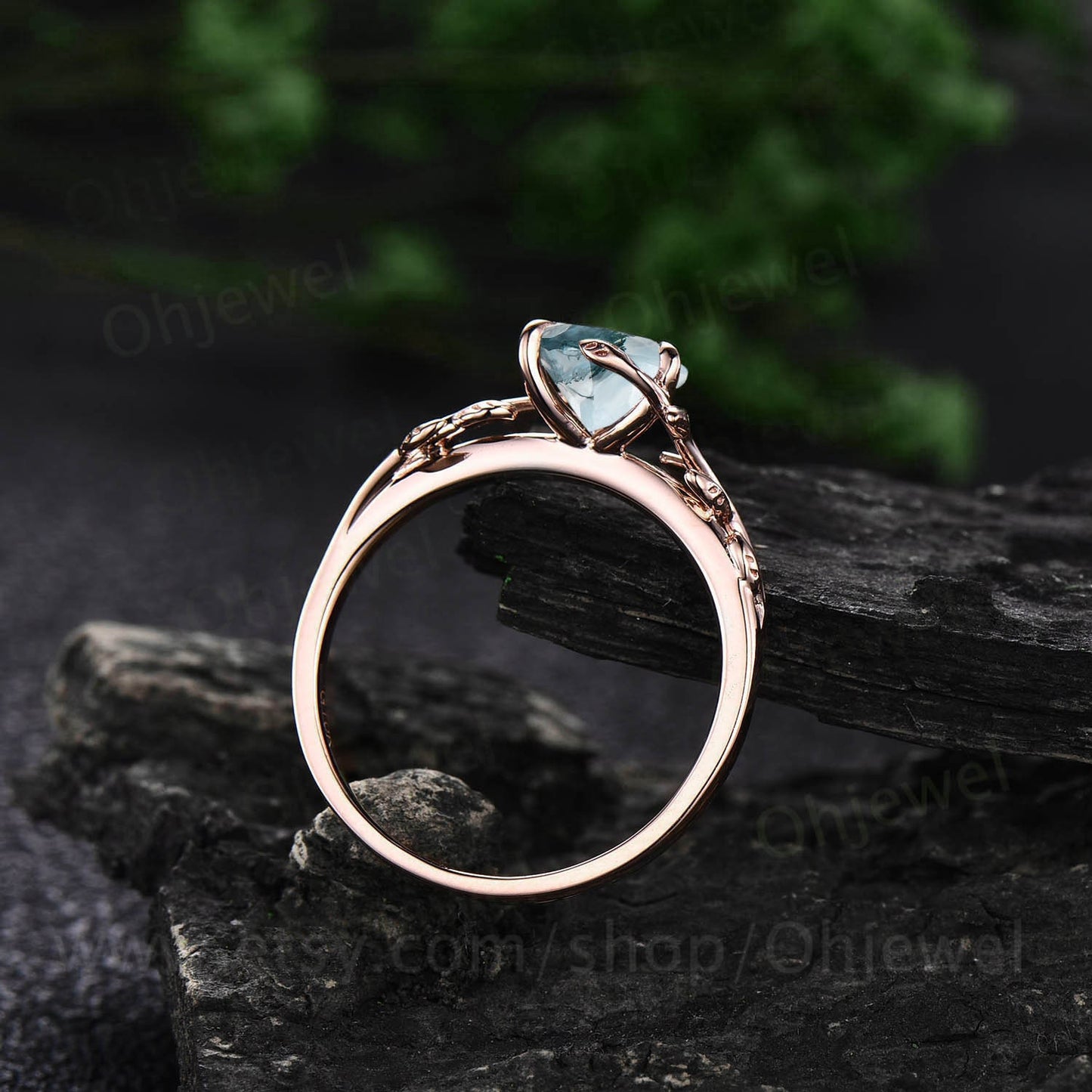 Heart shaped moss agate engagement ring leaf flower rose gold silver unique vintage solitaire engagement ring promise wedding ring for women