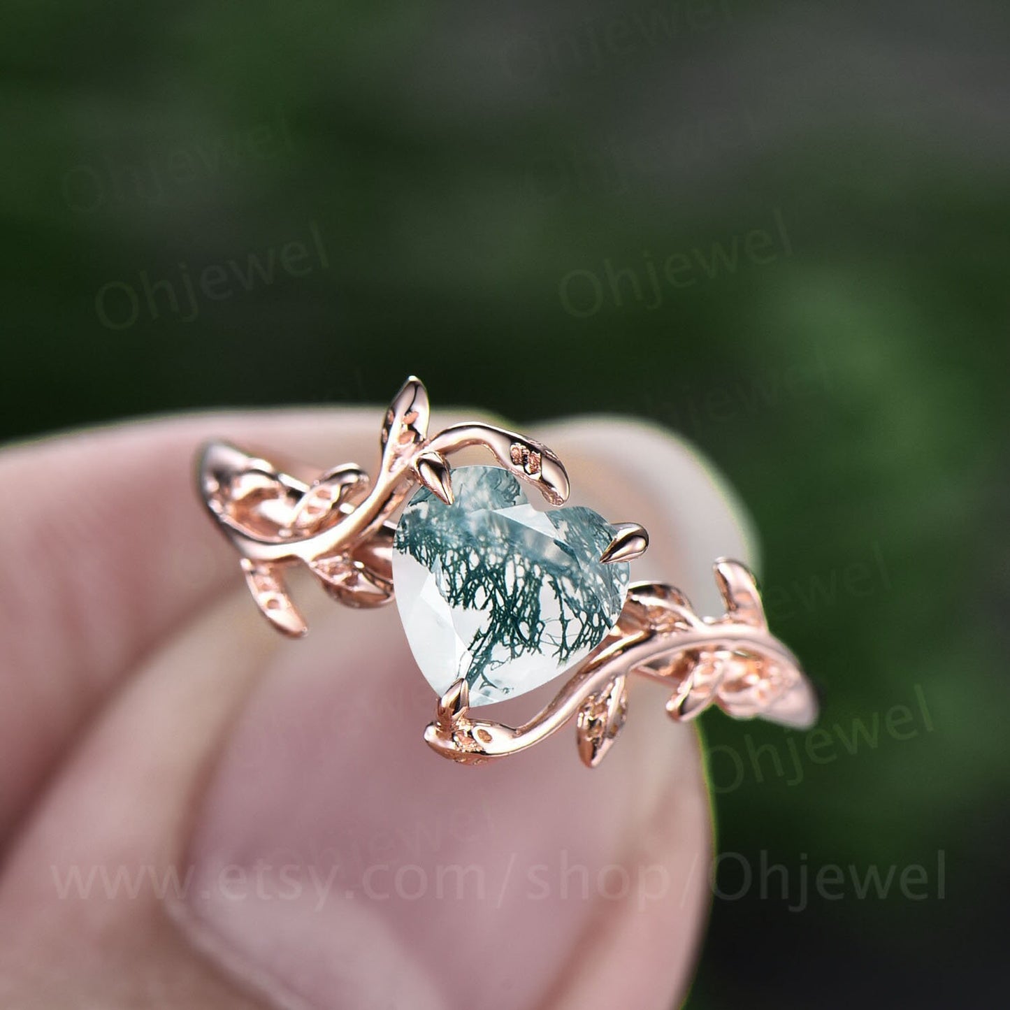 Twig Heart shaped moss agate engagement ring leaf rose gold silver unique vintage solitaire engagement ring promise wedding ring for women