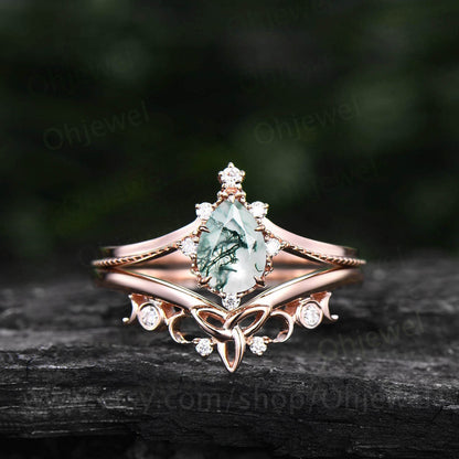 Pear shaped moss agate engagement ring set 14k white gold organic gemstone ring milgrain moissanite ring for women norse viking ring Jewelry