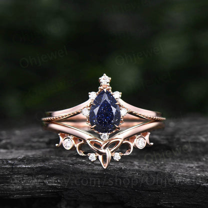 Pear shaped blue sandstone engagement ring set 14k white gold vintage unique engagement ring dainty moissanite wedding ring set for women