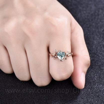 Heart shaped moss agate engagement ring leaf flower rose gold silver unique vintage solitaire engagement ring promise wedding ring for women