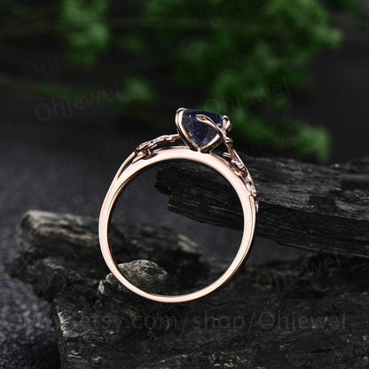 Heart shaped blue sandstone engagement ring leaf flower 14k rose gold silver unique vintage solitaire engagement ring wedding ring for women