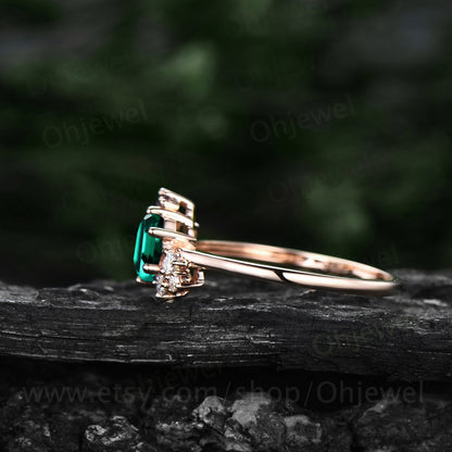 Hexagon cut emerald ring gold silver for women cluster vintage unique emerald engagement ring art deco moissanite bridal wedding ring gifts