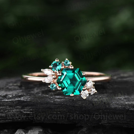 Hexagon cut emerald ring gold silver for women cluster vintage unique emerald engagement ring art deco moissanite bridal wedding ring gifts