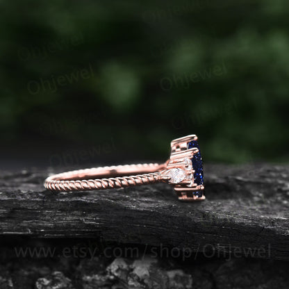Oval cut blue sandstone engagement ring rose gold art deco vintage unique engagement ring marquise diamond twisted wedding ring for women
