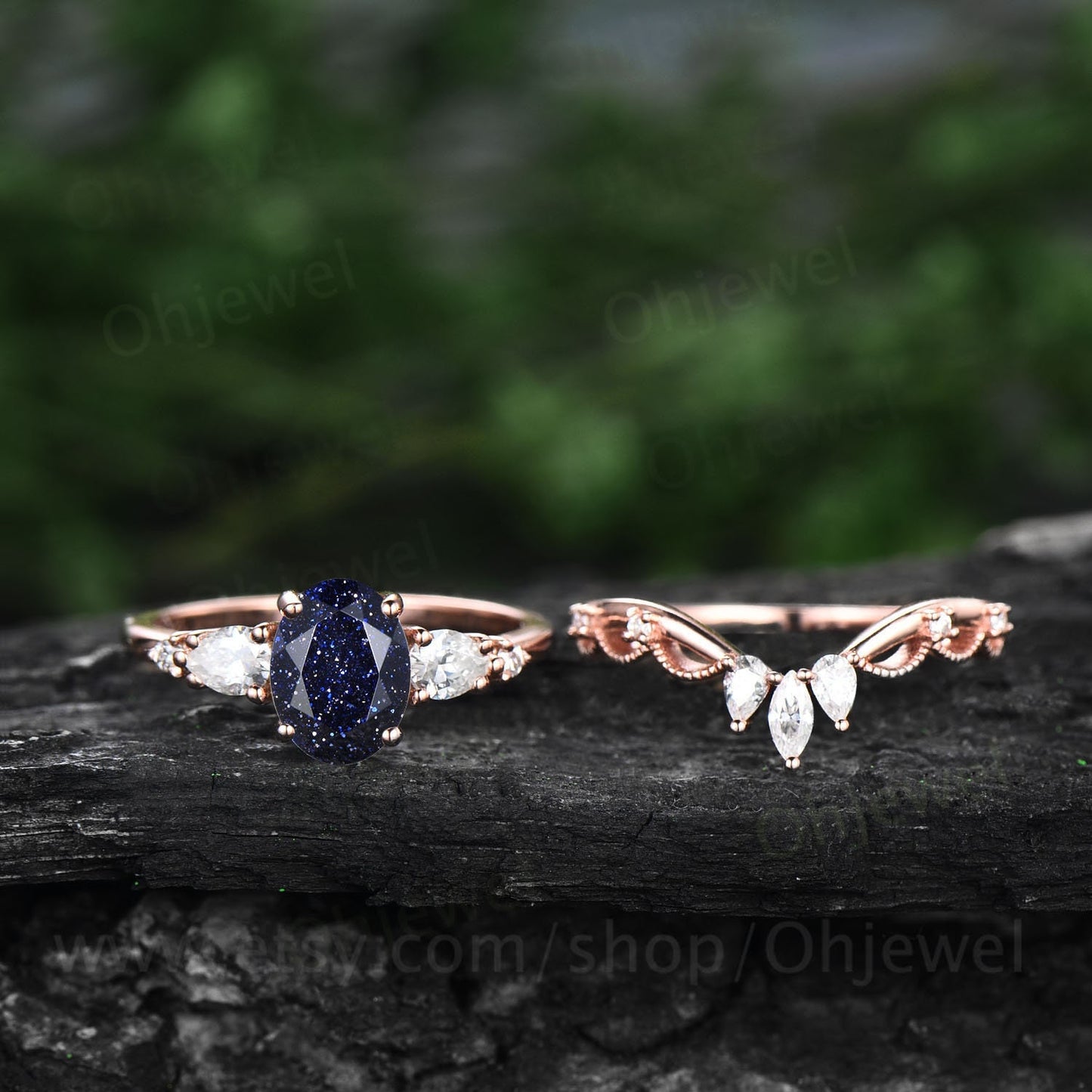 Oval cut blue sandstone ring set gold vintage unique blue sandstone  engagement ring set pear shaped moissanite bridal ring set for women