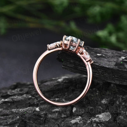Round cut moss agate ring vintage unique cluster green moss agate engagement ring 14k rose gold marquise cut diamond wedding ring for women