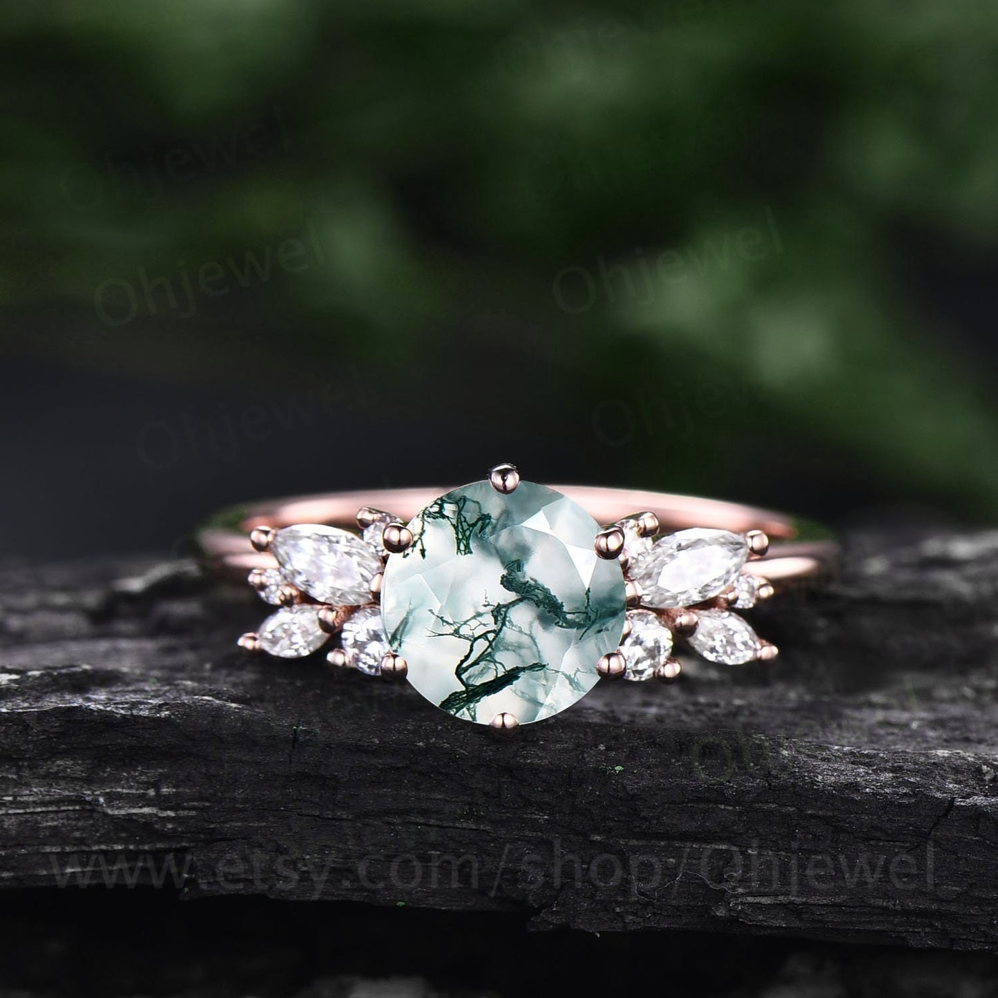 Round cut moss agate ring vintage unique cluster green moss agate engagement ring 14k rose gold marquise cut diamond wedding ring for women