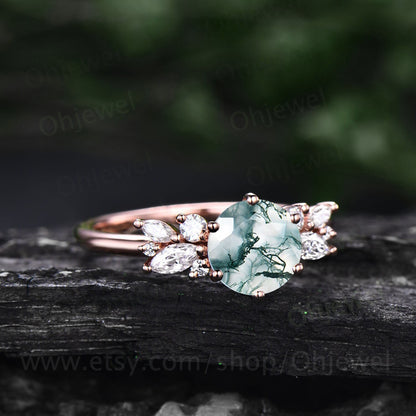 Round cut moss agate ring vintage unique cluster green moss agate engagement ring 14k rose gold marquise cut diamond wedding ring for women