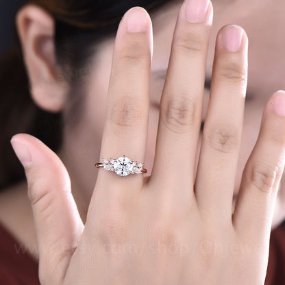 Round cut moissanite ring vintage unique cluster moissanite engagement ring 14k rose gold silver marquise cut diamond wedding ring for women