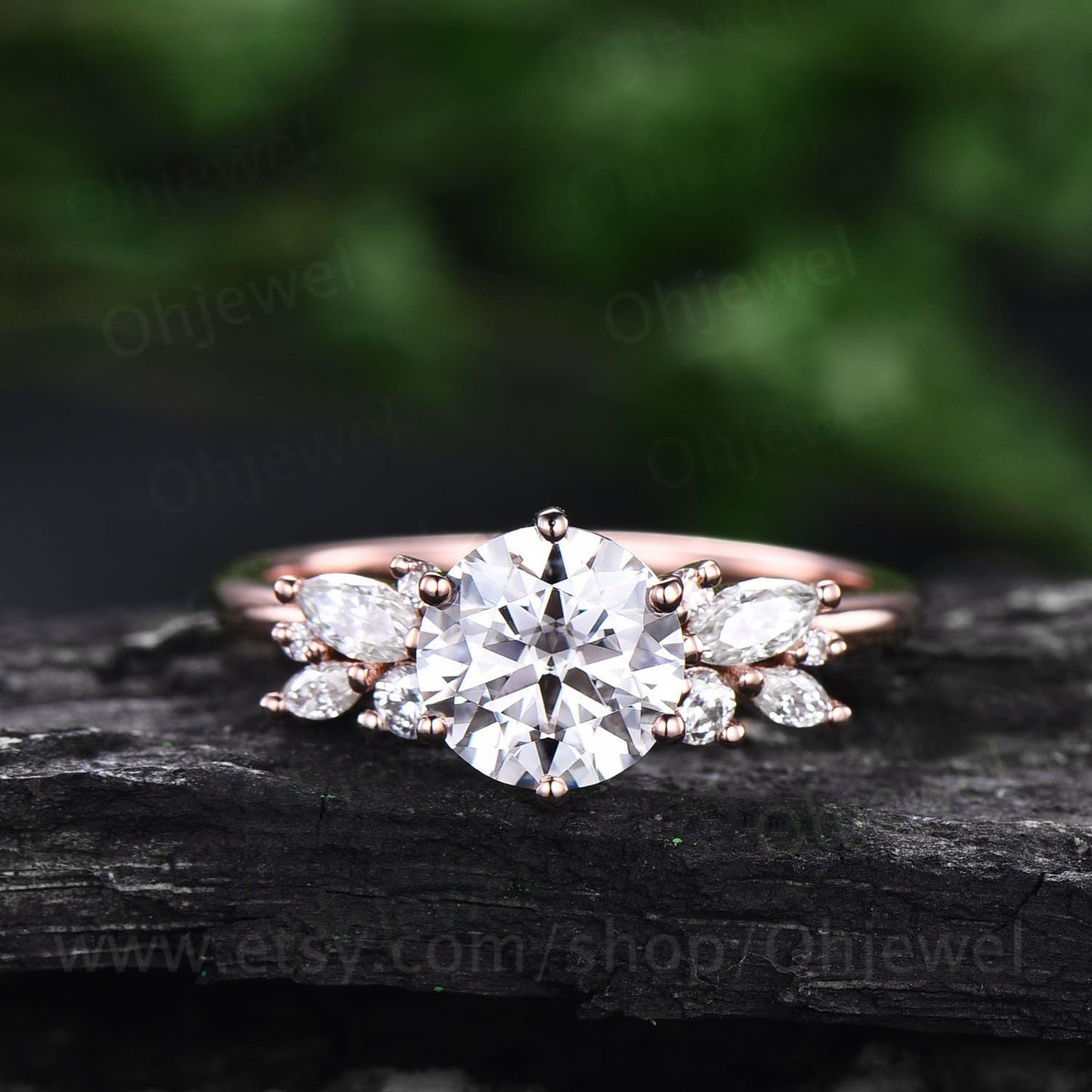 Round cut moissanite ring vintage unique cluster moissanite engagement ring 14k rose gold silver marquise cut diamond wedding ring for women
