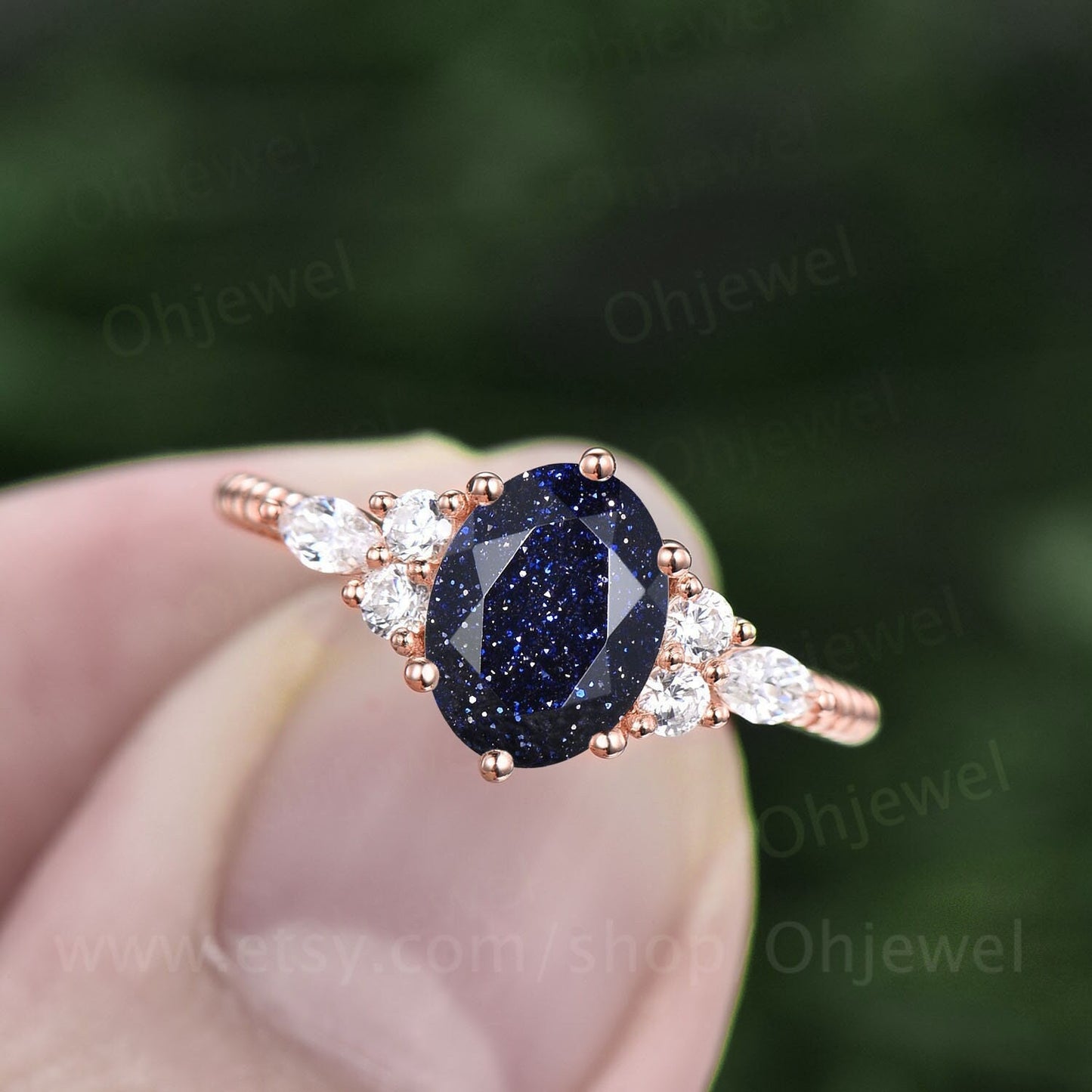 Oval cut blue sandstone engagement ring rose gold art deco vintage unique engagement ring marquise diamond twisted wedding ring for women