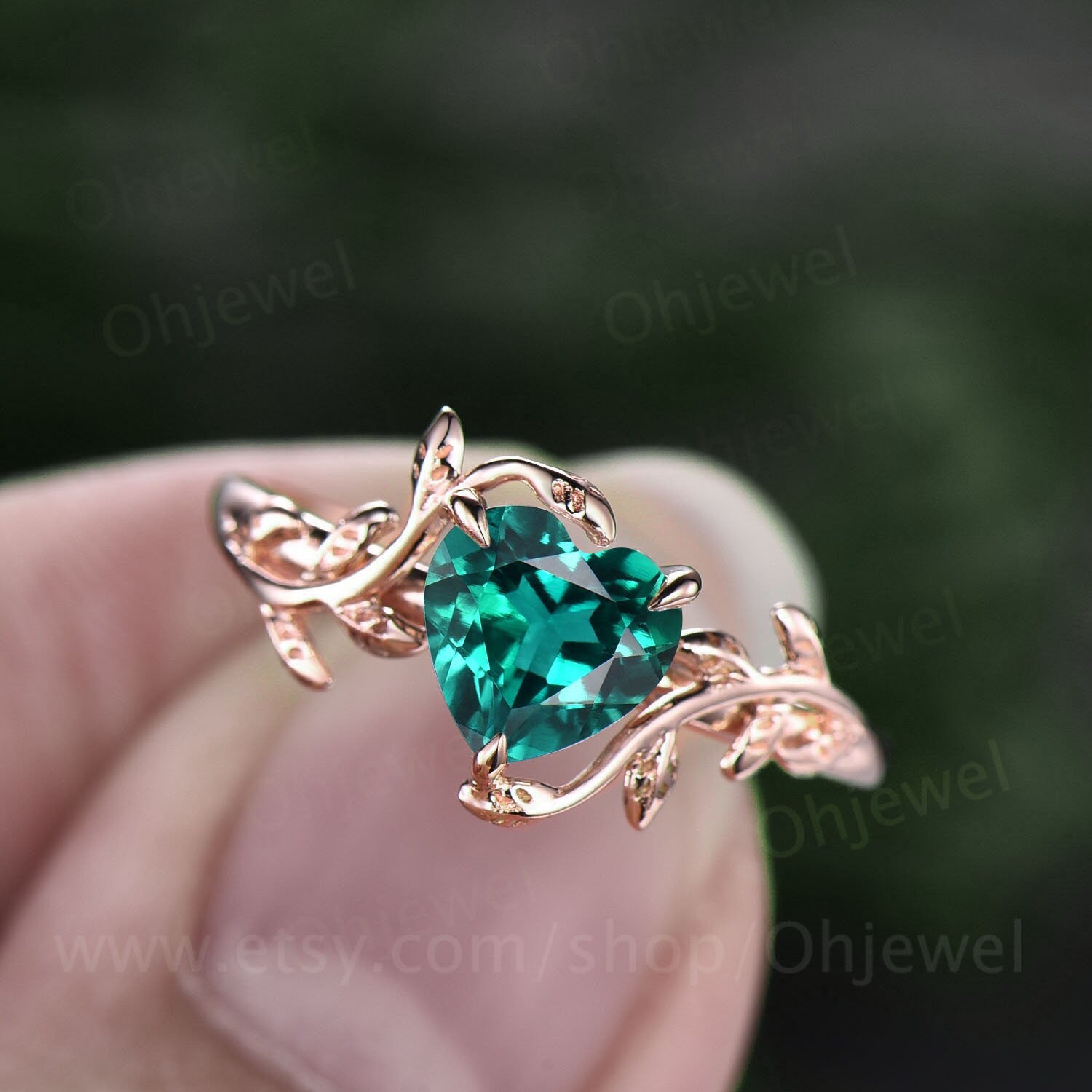 Heart shaped green emerald engagement ring leaf flower 14k hot rose gold silver unique vintage solitaire engagement ring wedding ring for women