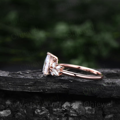 Pear shaped moissanite ring rose gold silver vintage unique cluster moissanite engagement ring art deco antique diamond wedding ring women