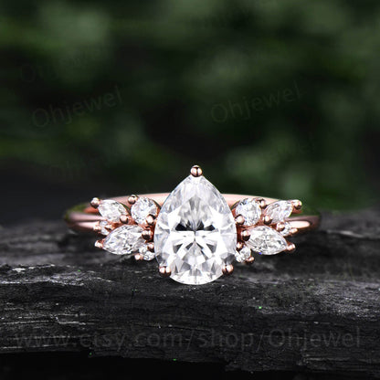 Pear shaped moissanite ring rose gold silver vintage unique cluster moissanite engagement ring art deco antique diamond wedding ring women