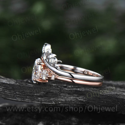 Oval cut moissanite ring rose gold silver vintage unique moissanite engagement ring set five stone moissanite bridal wedding ring set women