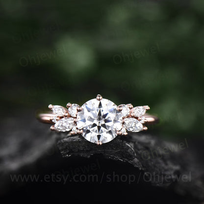 Round cut moissanite ring vintage unique cluster moissanite engagement ring 14k rose gold silver marquise cut diamond wedding ring for women