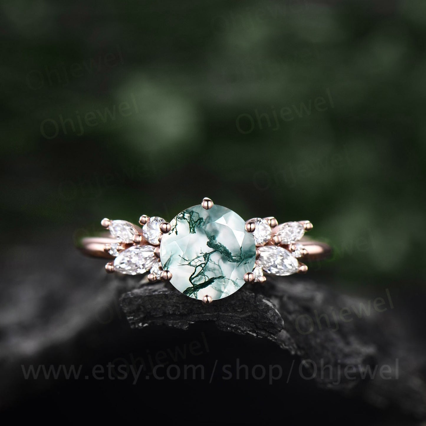 Round cut moss agate ring vintage unique cluster green moss agate engagement ring 14k rose gold marquise cut diamond wedding ring for women