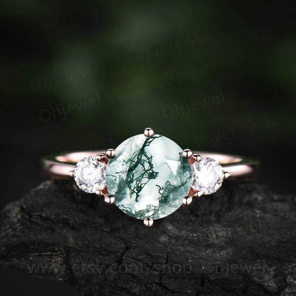 Round moss agate ring set vintage moss agate engagement ring set rose gold moissanite ring set three stone ring bridal ring set for women
