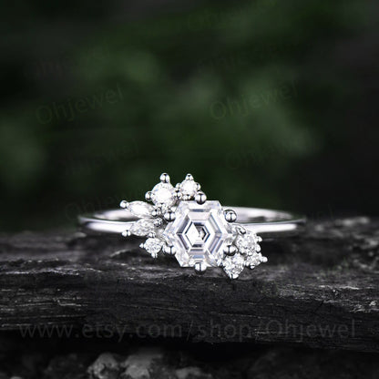 Hexagon cut moissanite ring gold silver for women Alternative cluster unique Alexandrite engagement ring marquise cut diamond wedding ring
