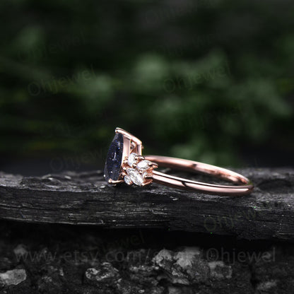 Pear shaped blue sandstone ring vintage Alternative unique cluster blue sandstone engagement ring rose gold diamond wedding ring for women