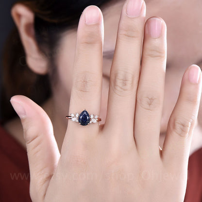 Pear shaped blue sandstone ring vintage Alternative unique cluster blue sandstone engagement ring rose gold diamond wedding ring for women