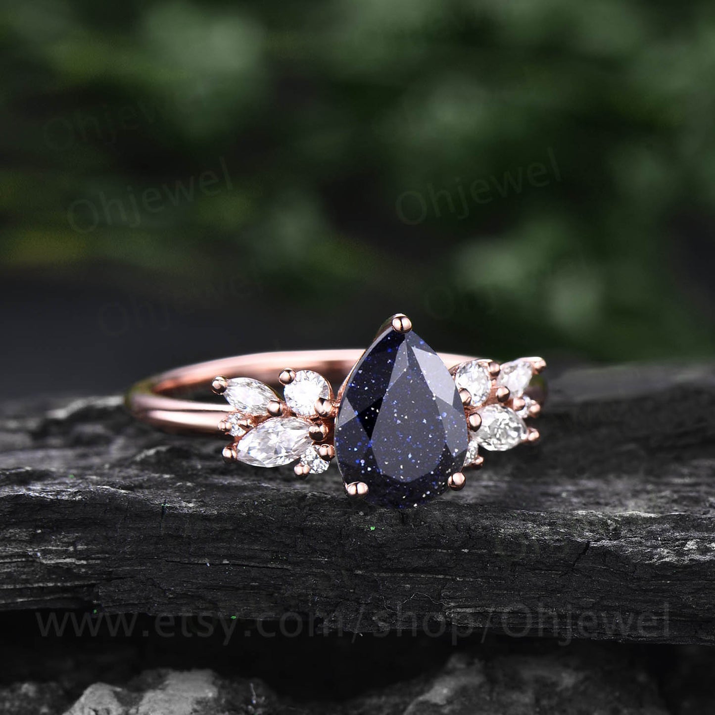 Pear shaped blue sandstone ring vintage Alternative unique cluster blue sandstone engagement ring rose gold diamond wedding ring for women