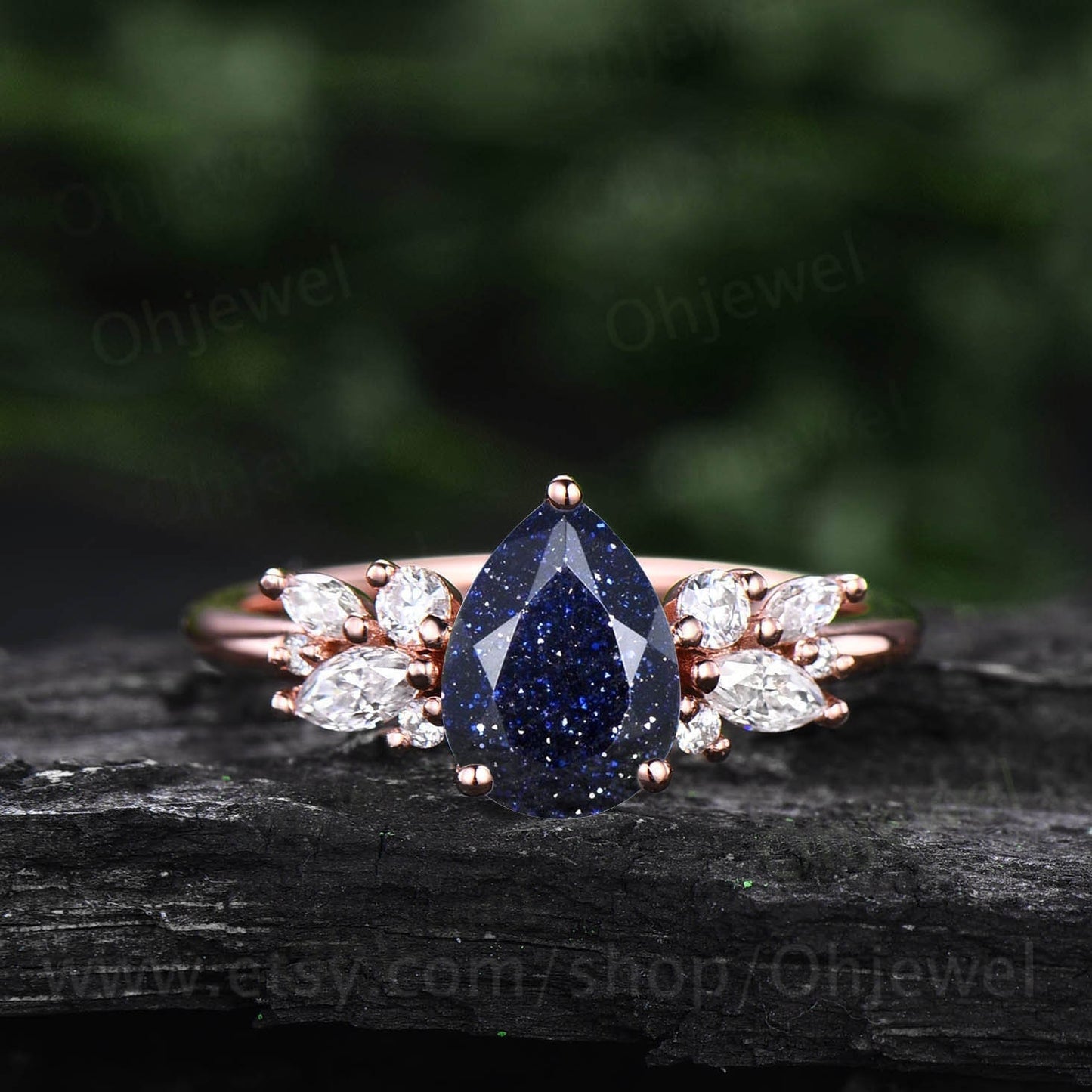 Pear shaped blue sandstone ring vintage Alternative unique cluster blue sandstone engagement ring rose gold diamond wedding ring for women