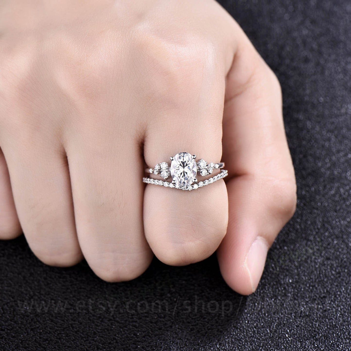 Vintage oval cut moissanite engagement ring set white gold alternative  unique snowdrift engagement ring diamond bridal ring set for women