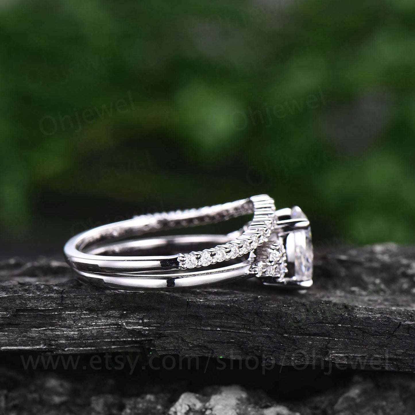 Vintage oval cut moissanite engagement ring set white gold alternative  unique snowdrift engagement ring diamond bridal ring set for women