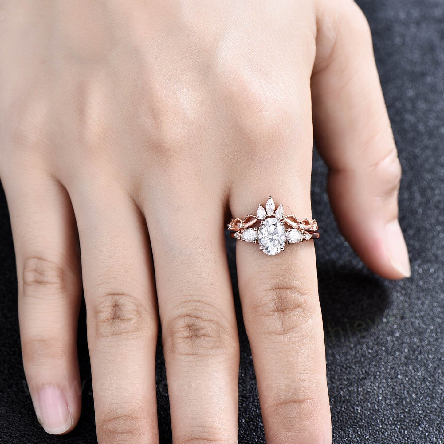 Vintage oval moissanite engagement ring set five stone rose gold alternative unique engagement ring Minimalist crown wedding ring set women