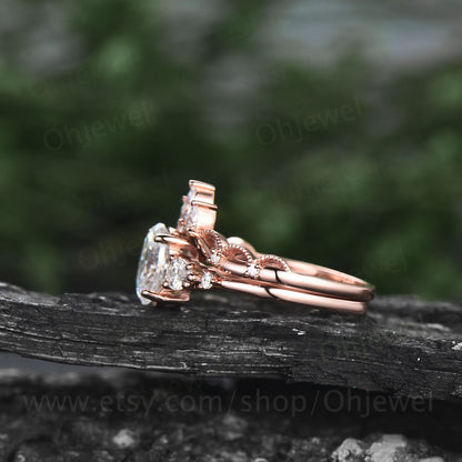 Vintage oval moissanite engagement ring set five stone rose gold alternative unique engagement ring Minimalist crown wedding ring set women