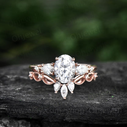 Vintage oval moissanite engagement ring set five stone rose gold alternative unique engagement ring Minimalist crown wedding ring set women