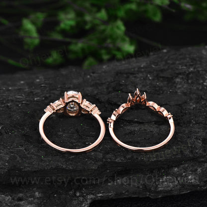 Vintage oval moissanite engagement ring set five stone rose gold alternative unique engagement ring Minimalist crown wedding ring set women