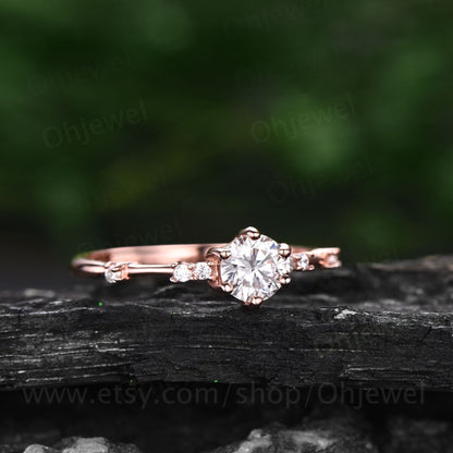 Dainty round cut moissanite ring gold vintage unique moissanite engagement ring 14k rose gold 7 stone diamond bridal wedding ring for women