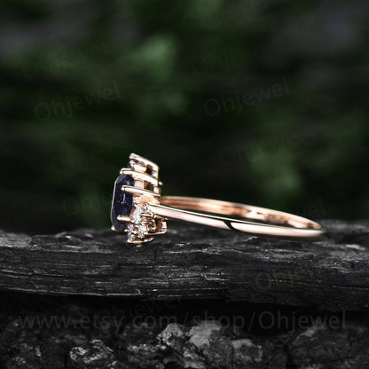 Hexagon cut blue sandstone ring gold silver for women vintage unique cluster blue sandstone engagement ring art deco moissanite wedding ring