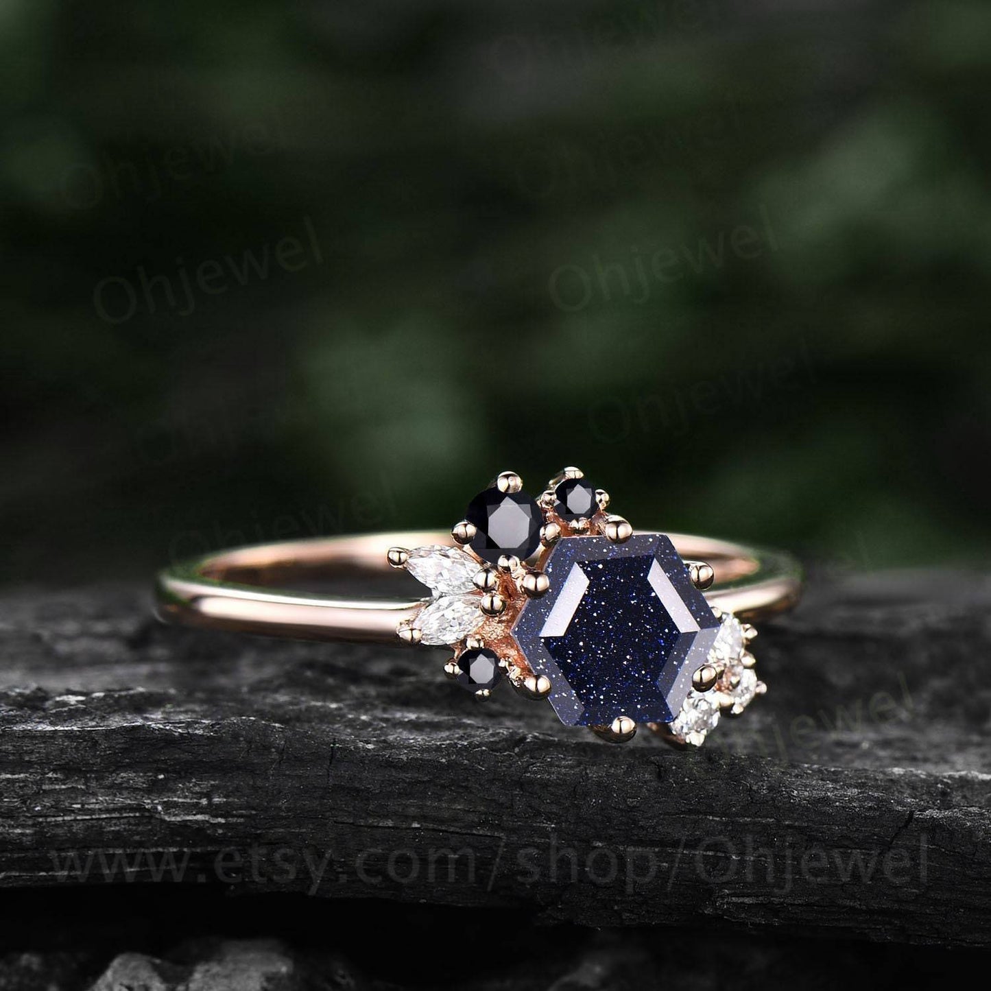 Hexagon cut blue sandstone ring gold silver for women vintage unique cluster blue sandstone engagement ring art deco moissanite wedding ring