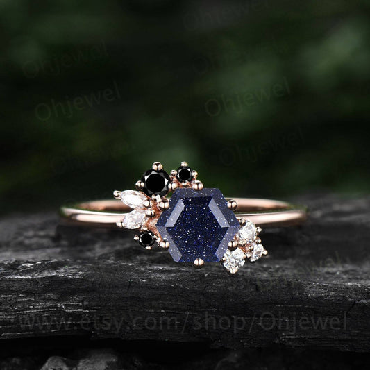 Hexagon cut blue sandstone ring gold silver for women vintage unique cluster blue sandstone engagement ring art deco moissanite wedding ring