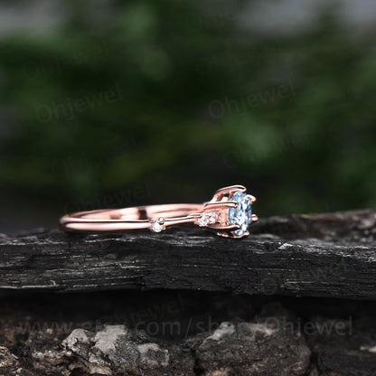 Dainty round cut aquamarine ring gold vintage unique aquamarine engagement ring white gold six prong 7 stone diamond wedding ring for women