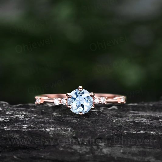 Dainty round cut aquamarine ring gold vintage unique aquamarine engagement ring rose gold six prong 7 stone diamond wedding ring for women