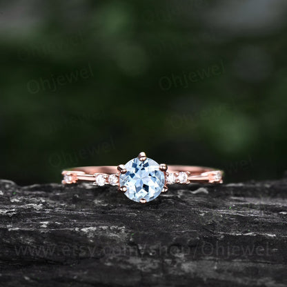 Dainty round cut aquamarine ring gold vintage unique aquamarine engagement ring white gold six prong 7 stone diamond wedding ring for women