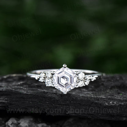 Vintage hexagon moissanite engagement ring 14k rose gold unique cluster snowdrift engagement ring six prong diamond wedding ring for women
